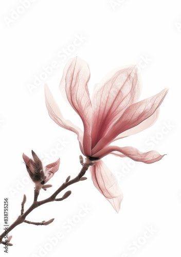 This is a beautiful image of a single pink magnolia flower with a closed bud on a branch. The flower has soft  delicate petals and a soft pink hue. The image is set against a simple white background