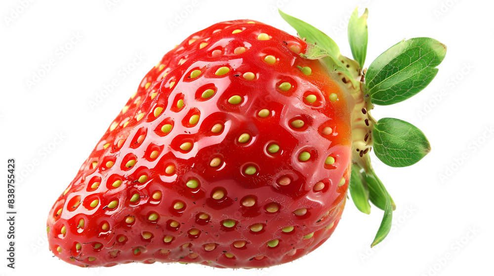 Close-up of a ripe, fresh strawberry with a vibrant red color and green leaves. Ideal for food, fruit, or healthy eating-themed projects.transparent, png, Close-up of a ripe, fresh strawberry with a vibrant red color and green leaves. Ideal for food, fruit, or healthy eating-themed projects.transparent, png,