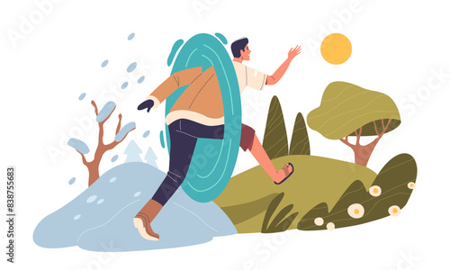 Male Character Teleporting From Snowy Winter Landscape To A Sunny Summer Scene Through A Glowing Portal