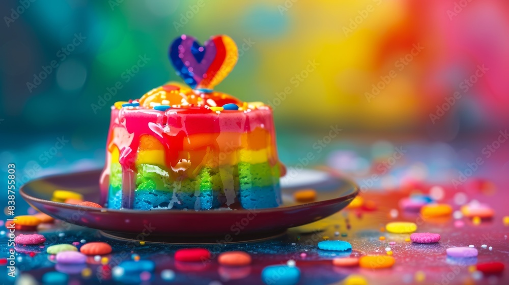 custom made wallpaper toronto digitalAn artistic representation of a rainbow-colored pudding dessert with layers of different colors, adorned with LGBTQ+ pride decorations. Background is an abstract, colorful depiction of pride symbols