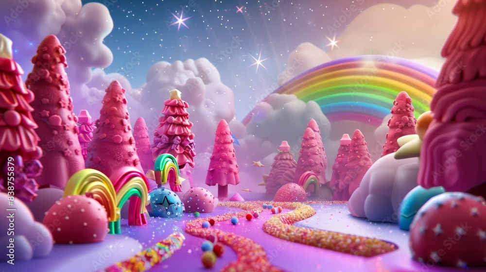 custom made wallpaper toronto digitalA whimsical illustration of a rainbow-colored candyland with LGBTQ+ pride symbols, set against a magical, fairy-tale background. Background includes candy trees, rainbows, and glittering stars.