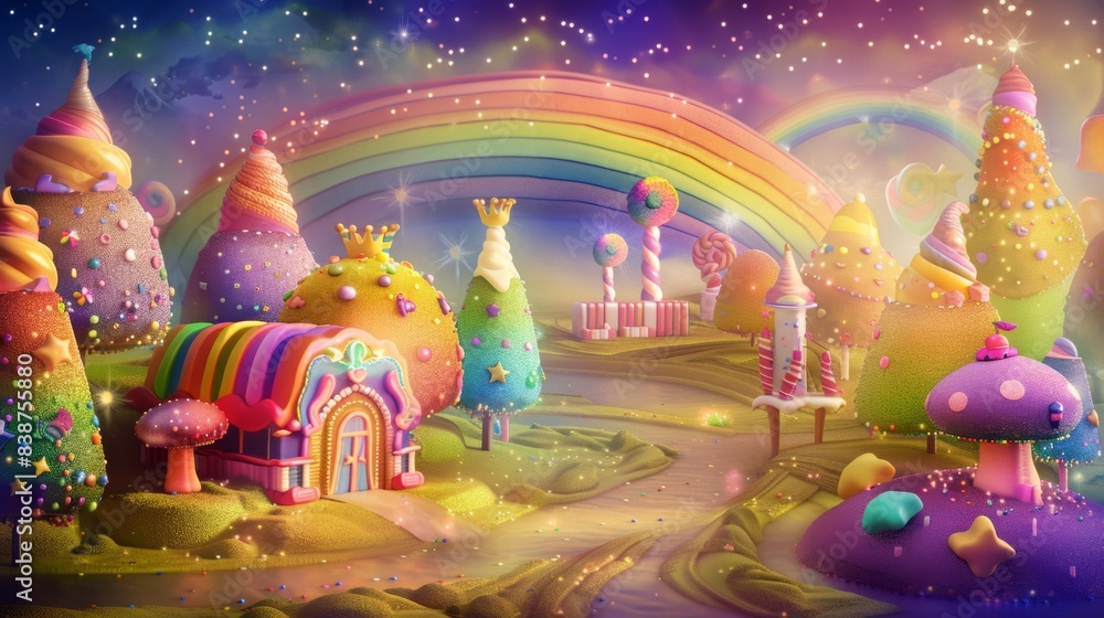custom made wallpaper toronto digitalA whimsical illustration of a rainbow-colored candyland with LGBTQ+ pride symbols, set against a magical, fairy-tale background. Background includes candy trees, rainbows, and glittering stars.