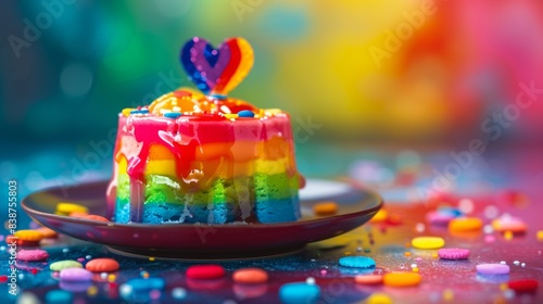 Wallpaper Mural An artistic representation of a rainbow-colored pudding dessert with layers of different colors, adorned with LGBTQ+ pride decorations. Background is an abstract, colorful depiction of pride symbols Torontodigital.ca