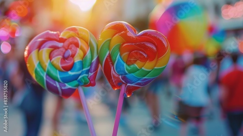 Wallpaper Mural A close-up shot of rainbow-colored lollipops arranged in a heart shape, with LGBTQ+ pride symbols around them. Background features a blurred pride parade with people celebrating. Energetic, bright Torontodigital.ca