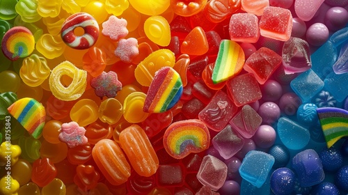 Wallpaper Mural An artistic representation of a rainbow-colored candy assortment with different shapes and sizes, adorned with LGBTQ+ pride decorations. Background is an abstract, colorful depiction of pride symbols Torontodigital.ca