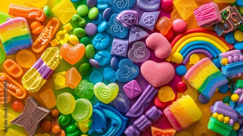 Wallpaper Mural An artistic representation of a rainbow-colored candy assortment with different shapes and sizes, adorned with LGBTQ+ pride decorations. Background is an abstract, colorful depiction of pride symbols Torontodigital.ca