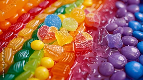 Wallpaper Mural An artistic representation of a rainbow-colored candy assortment with different shapes and sizes, adorned with LGBTQ+ pride decorations. Background is an abstract, colorful depiction of pride symbols Torontodigital.ca