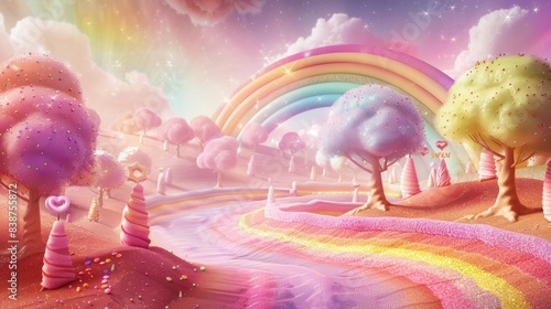 Wallpaper Mural A whimsical illustration of a rainbow-colored candyland with LGBTQ+ pride symbols, set against a magical, fairy-tale background. Background includes candy trees, rainbows, and glittering stars. Torontodigital.ca