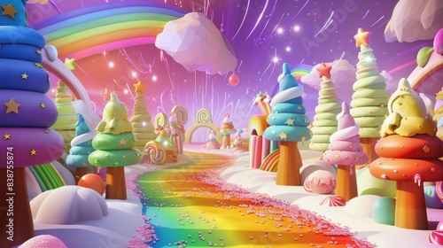 Wallpaper Mural A whimsical illustration of a rainbow-colored candyland with LGBTQ+ pride symbols, set against a magical, fairy-tale background. Background includes candy trees, rainbows, and glittering stars. Torontodigital.ca
