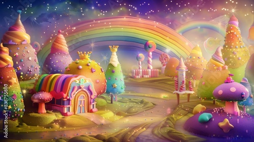 Wallpaper Mural A whimsical illustration of a rainbow-colored candyland with LGBTQ+ pride symbols, set against a magical, fairy-tale background. Background includes candy trees, rainbows, and glittering stars. Torontodigital.ca