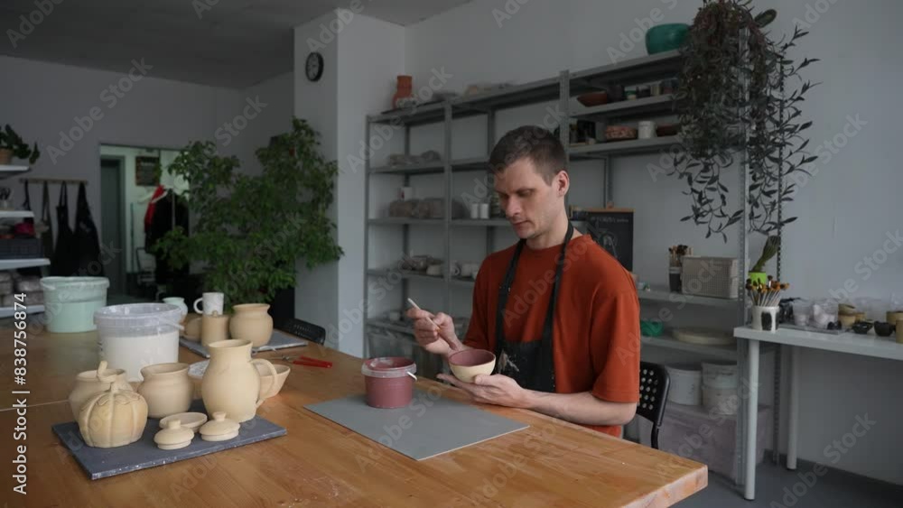 Potter paints ceramic dishes with a brush. Potter paints ceramic dishes with a brush.