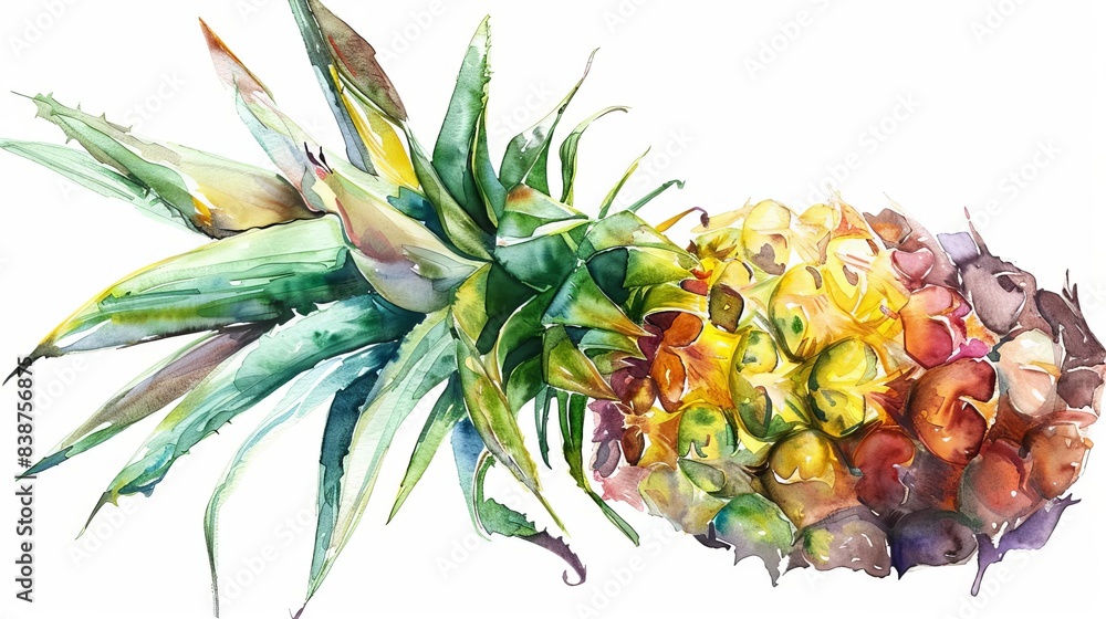Obraz premium Tilted angle view of a Pinana, captured in the delicate strokes of watercolor, isolated against a white background, highlighting its unique form and radiant hues
