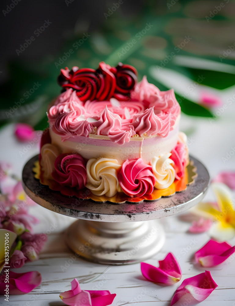 Elegant Valentine s Day Cake Decorated with Red Hearts Elegant Valentine s Day Cake Decorated with Red Hearts