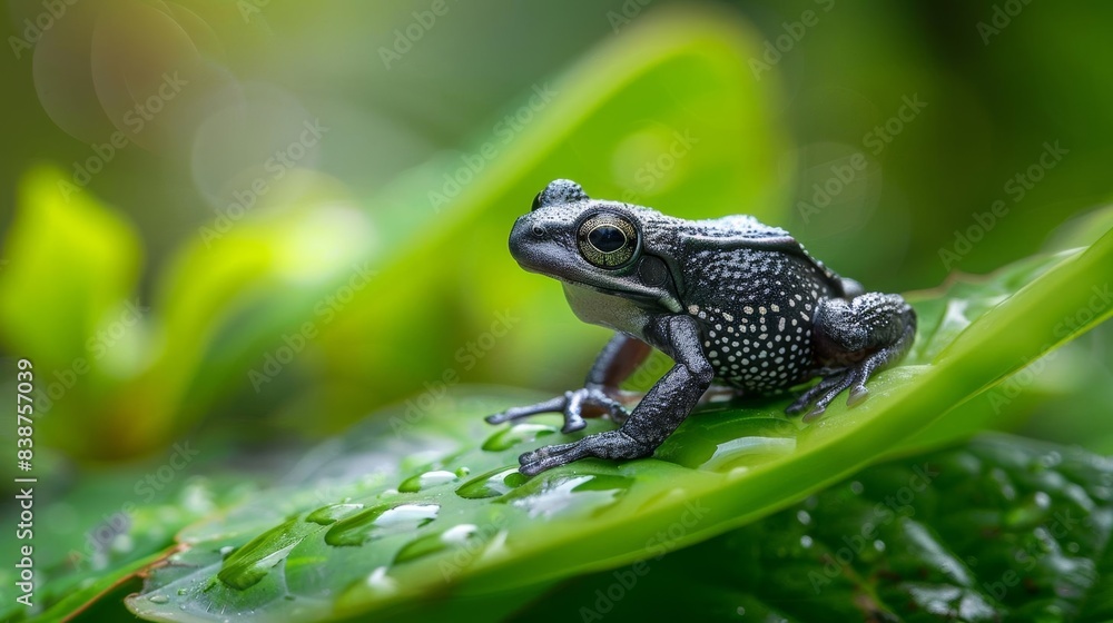 Tiny frog on a large leaf, showcasing the contrast in size Tiny frog on a large leaf, showcasing the contrast in size