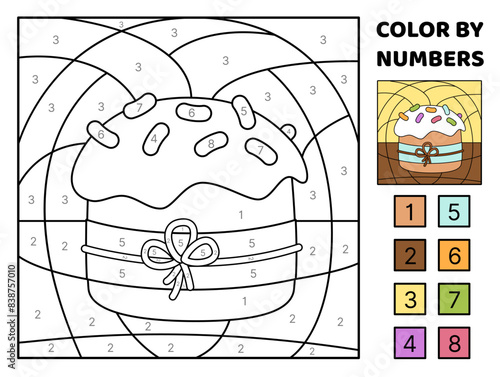 Color by number. Cute cake with glaze and sprinkles. Coloring page. Game for kids. Cartoon, vector