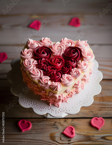 Heart Shaped Valentine s Cake with Pink and Red Rosettes