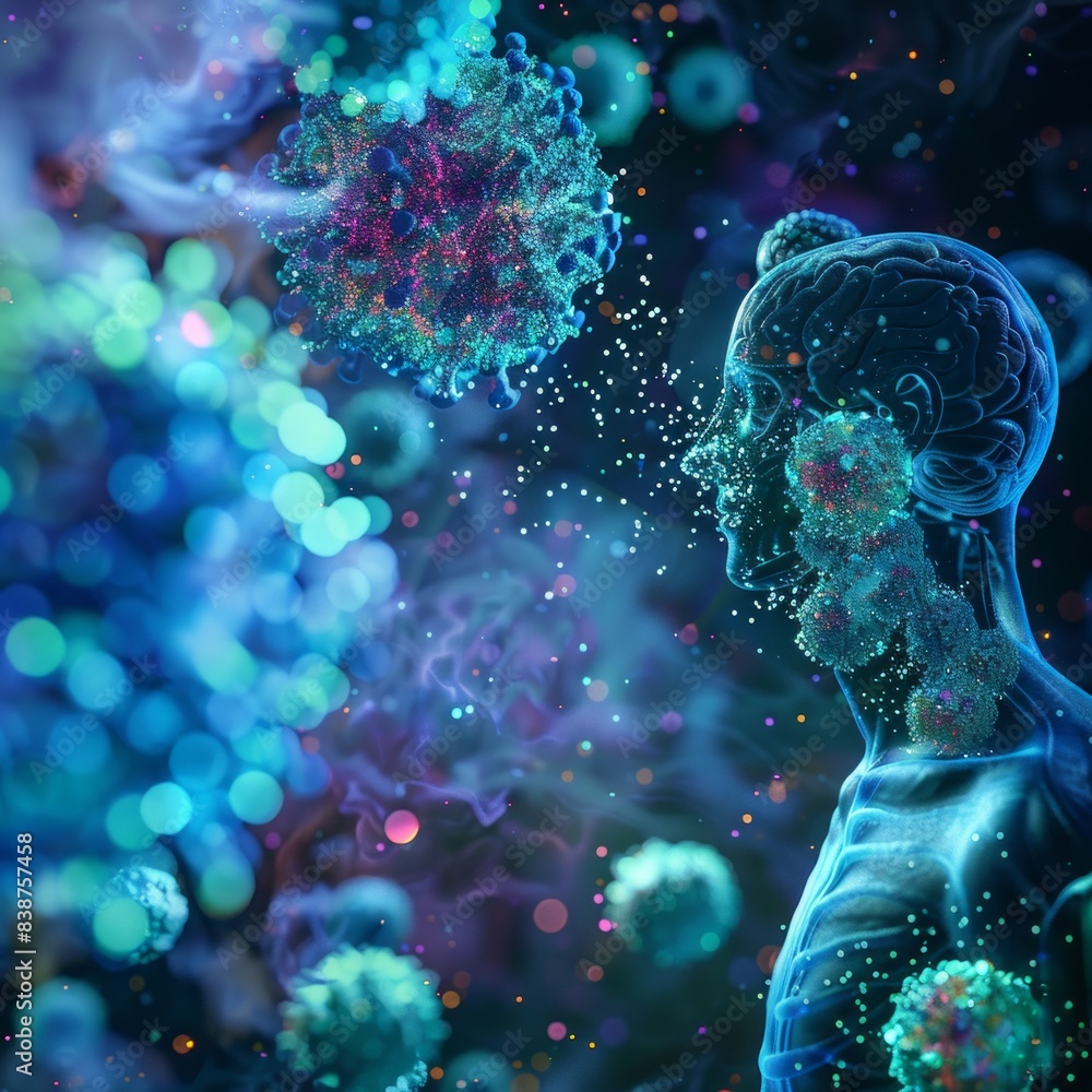 Human body under attack by viruses illustration,A glowing silhouette of a human body with a skeleton surrounded by glowing dots Human body under attack by viruses illustration,A glowing silhouette of a human body with a skeleton surrounded by glowing dots