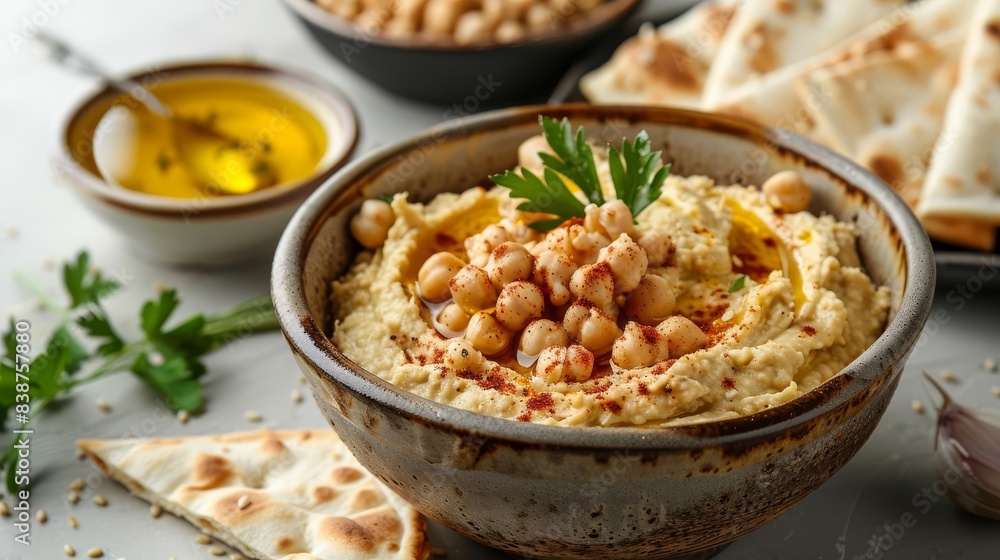 A bowl of creamy hummus with pita bread, Israeli flag, white background, bright colors A bowl of creamy hummus with pita bread, Israeli flag, white background, bright colors