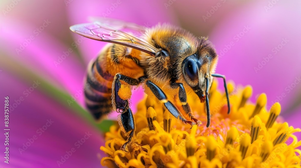 Zoomedin view of a bee collecting nectar from a flower Zoomedin view of a bee collecting nectar from a flower