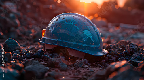 A construction safety helmet, earthwork background. Generative AI.