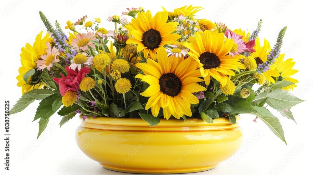 A beautiful bouquet of sunflowers and other summer flowers in a yellow vase. A beautiful bouquet of sunflowers and other summer flowers in a yellow vase.