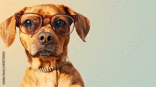 A closeup portrait of a cute and funny dog wearing stylish glasses. The dog is looking at the camera with a curious expression.