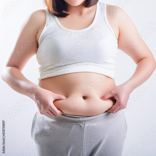 メタボリックシンドロームの女性がお腹の贅肉をつまむ,Generative AI AI画像