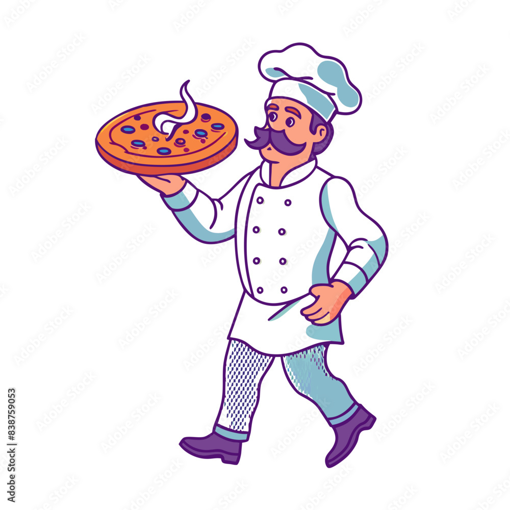a logo of pizza Chef, a chef carrying pizza on his hand with steam on pizza, isolated on white background, flat 3 colors vector, futura challigraphia style a logo of pizza Chef, a chef carrying pizza on his hand with steam on pizza, isolated on white background, flat 3 colors vector, futura challigraphia style