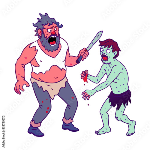 a man who is cannibal going to attack another ma, white background 