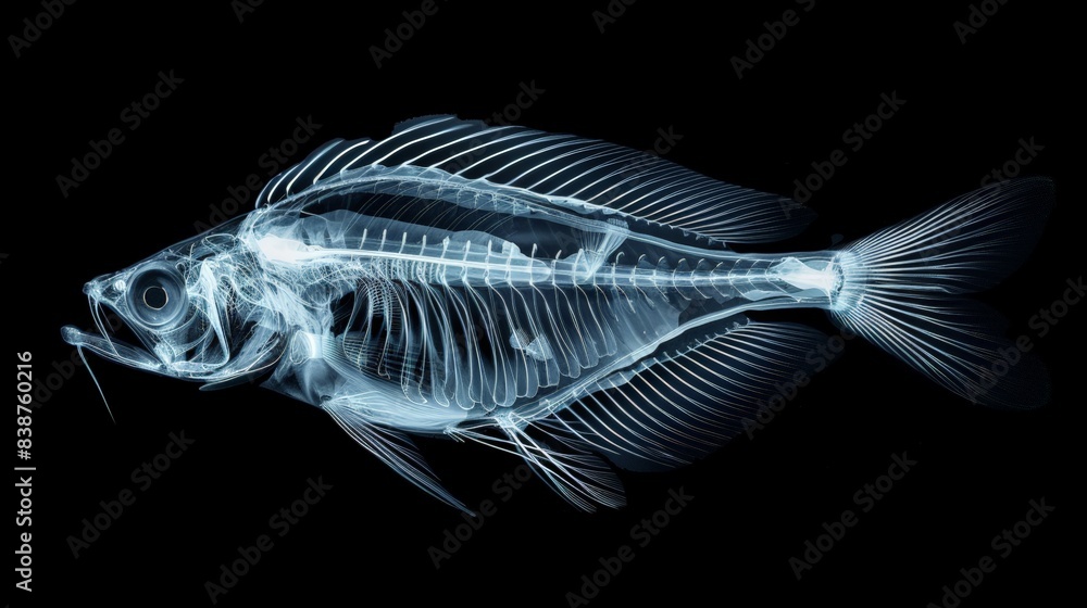 X-ray scan of fish. In a dark setting, a fish skeleton is illuminated, its delicate bones casting eerie shadows. The intricate details of the skeletal structure are revealed in stark contrast against X-ray scan of fish. In a dark setting, a fish skeleton is illuminated, its delicate bones casting eerie shadows. The intricate details of the skeletal structure are revealed in stark contrast against