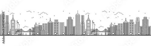 Seamless pattern with outline New York USA City Skyline. Modern Buildings Isolated on White. New York Cityscape with Landmarks.