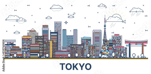 Outline Tokyo Japan city skyline with colored modern and historic buildings isolated on white. Tokyo cityscape with landmarks.