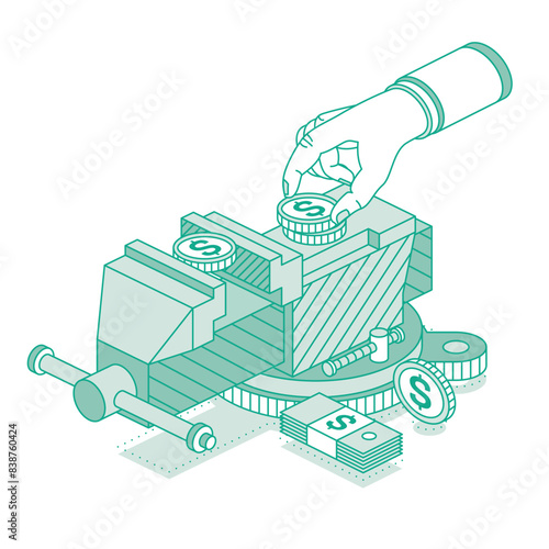 Isometric vice with a dollar coin clamped. Work tool. Crisis concept. Outline objects isolated on white background.