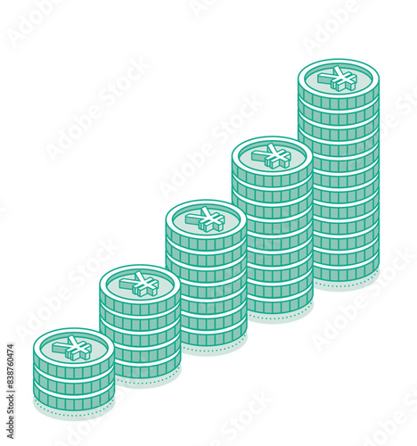 Isometric yen coins stacks. 3d cash. Outline objects isolated on white background. Icon or symbol. Green color.