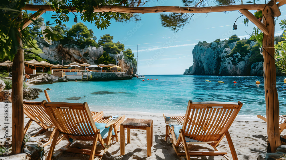 Two outdoor wooden chairs are placed on the sandy beach overlooking the azure waters of the ocean. Surrounded by the beauty of nature, its a perfect spot for leisure and relaxation