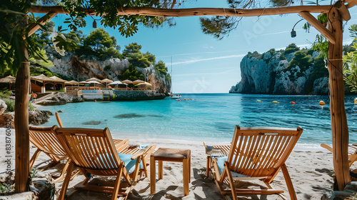 Two outdoor wooden chairs are placed on the sandy beach overlooking the azure waters of the ocean. Surrounded by the beauty of nature  its a perfect spot for leisure and relaxation