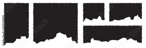 Torn paper with rough edge. Paper rectangle shapes with jagged border. Grunge strip background. Vector silhouettes isolated set.