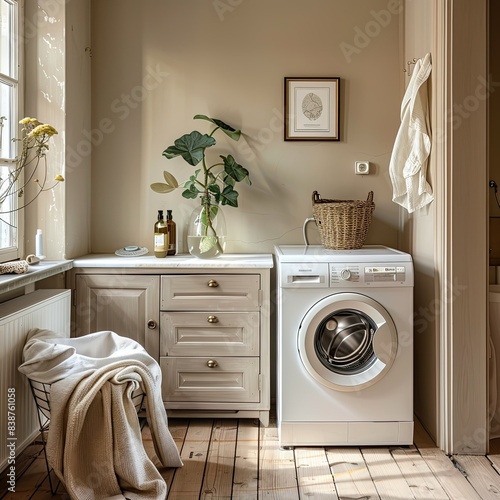 photo of washing mashine in stylish scandic interior, beige colors  photo