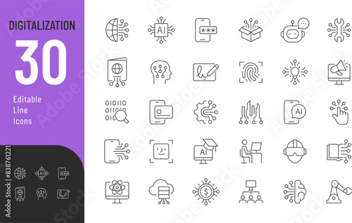Digitalization Line Editable Icons set. Vector illustration in modern thin line style of technology related icons: digital money, science, robotics, AI, and other. 