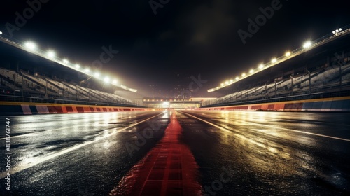 Nighttime View of a Racing Track Glistening Under Stadium Lights. Generative AI