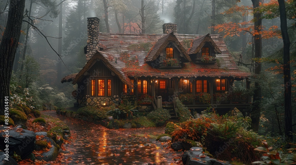 Fototapeta premium A cozy cabin in the woods, the sound of rain on the roof creating a soothing ambiance