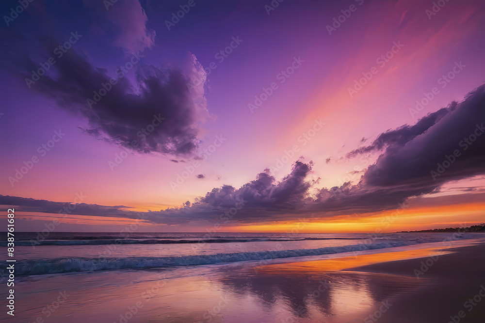 A serene sunset beach silhouetted against a sky painted in hues of orange, pink and purple A serene sunset beach silhouetted against a sky painted in hues of orange, pink and purple