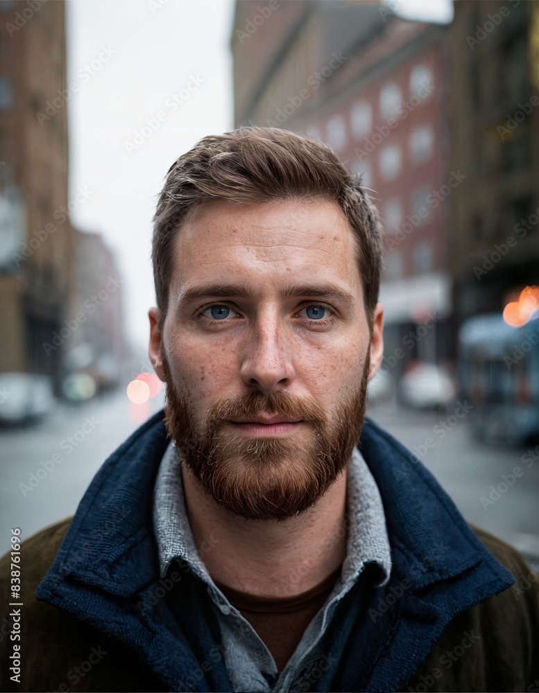 Naklejka premium A man wearing a blue coat and scarf has a beard on his jawline