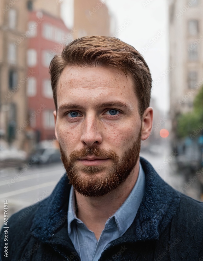 Fototapeta premium A man wearing a blue coat and scarf has a beard on his jawline