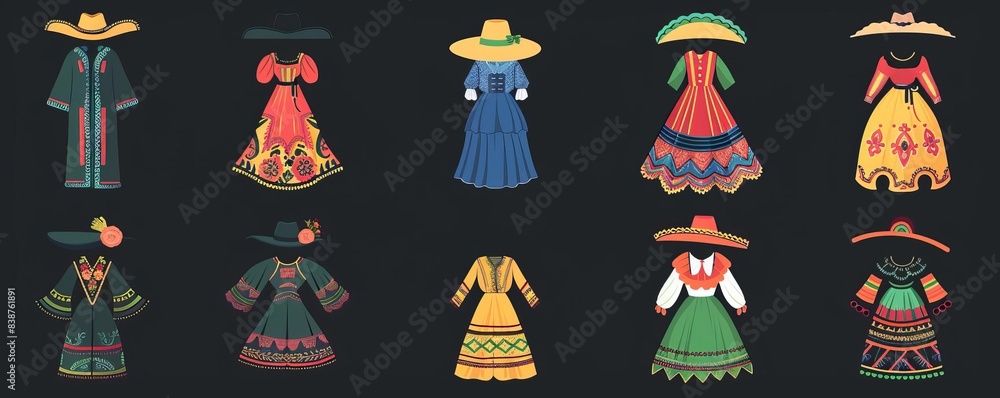 Detailed vector icons of Hispanic traditional clothing, including sombreros, ponchos, and folkloric dresses, colorful and culturally rich Detailed vector icons of Hispanic traditional clothing, including sombreros, ponchos, and folkloric dresses, colorful and culturally rich