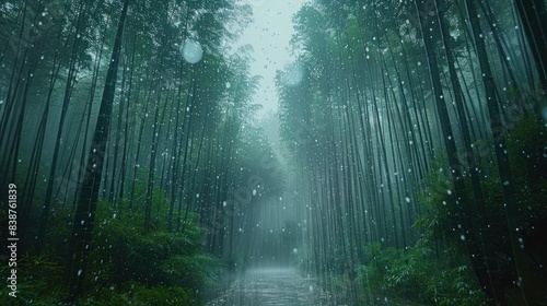A meditative walk through a bamboo forest in the rain, the drops creating a rhythmic sound on the bamboo stalks