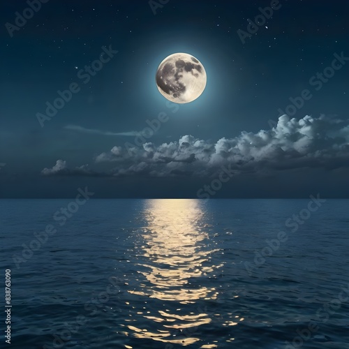 Gleaming full moon over calm ocean background. Generative AI 