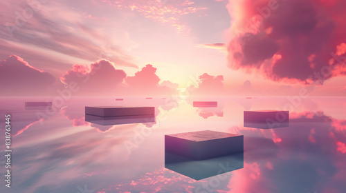 Serene 3D minimal surreal background with levitating platforms and a gradient sky
