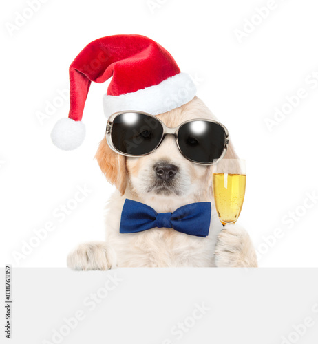 Funny Golden retriever puppy wearing sunglasses and santa hat looks above empty white banner and holds glass of champagne. isolated on white background © Ermolaev Alexandr