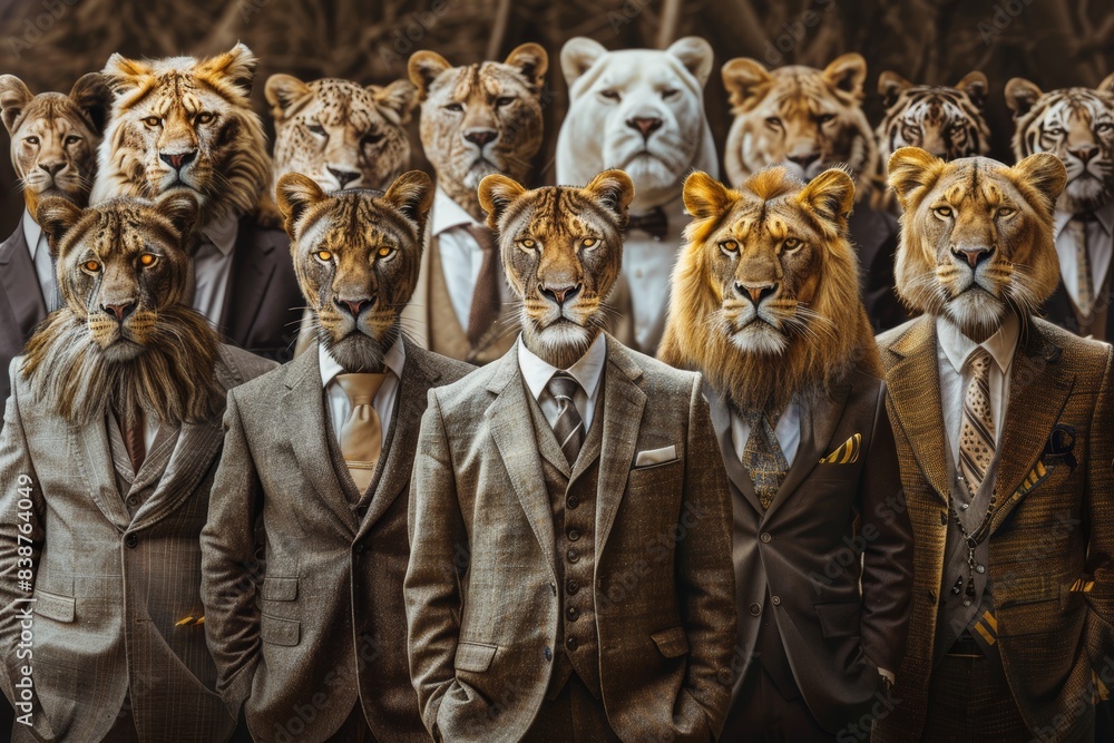 The coordinated presence of lion-headed characters dressed in formal business attire captures the essence of teamwork and corporate synergy in a group photo setting. The coordinated presence of lion-headed characters dressed in formal business attire captures the essence of teamwork and corporate synergy in a group photo setting.